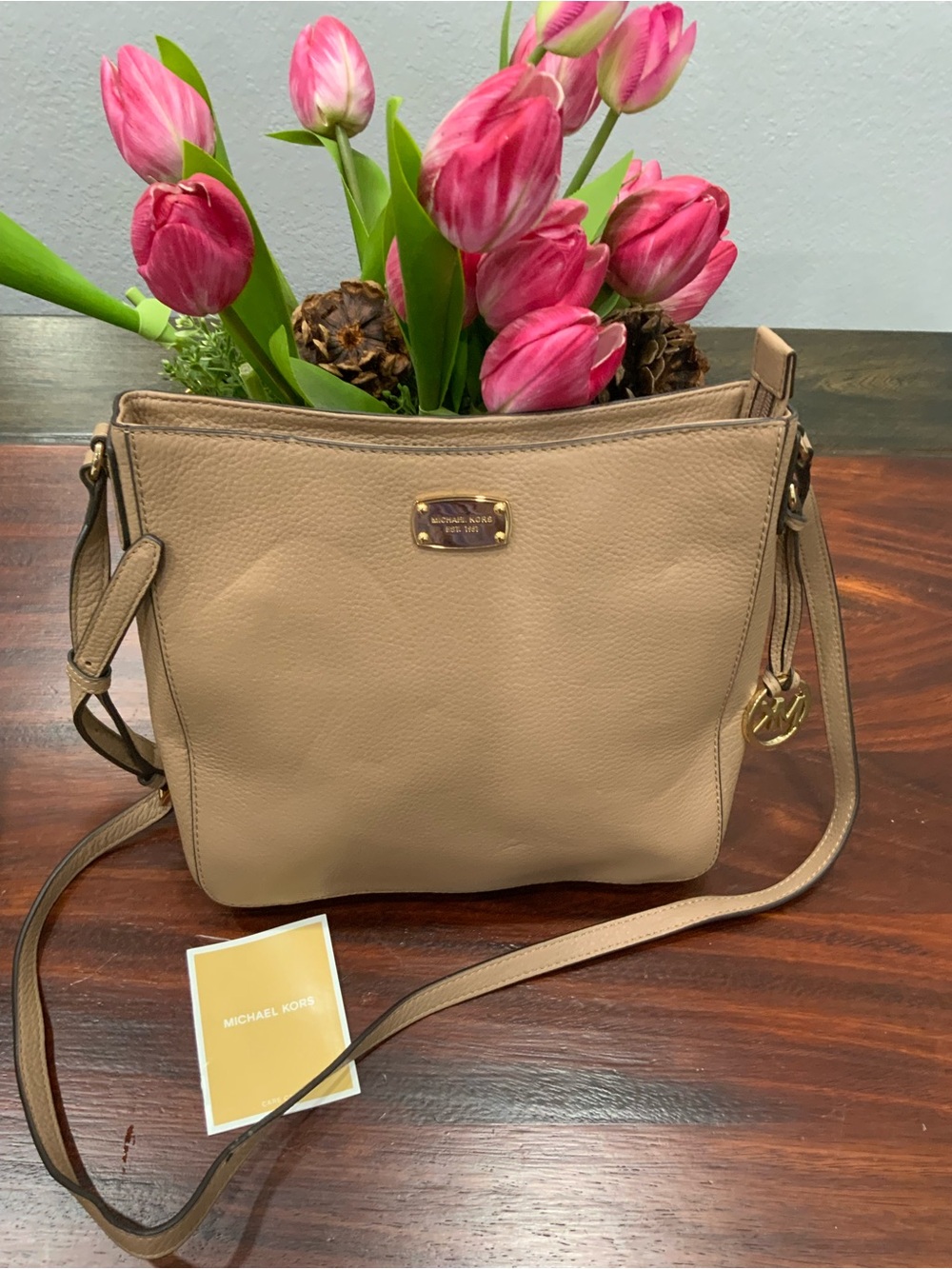 Michael Kors Beige Pebbled Leather Crossbody with Gold Charm